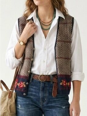 Vtg Liz Claiborne The Villager Herringbone Plaid Floral Knit Sweater Vest L